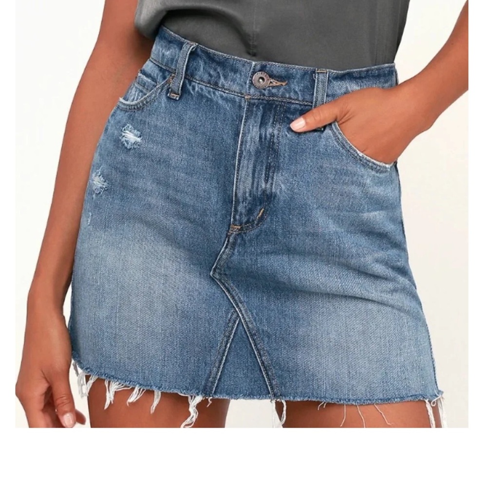 pistola Blue Distressed Denim Mini Skirt with Frayed Hem